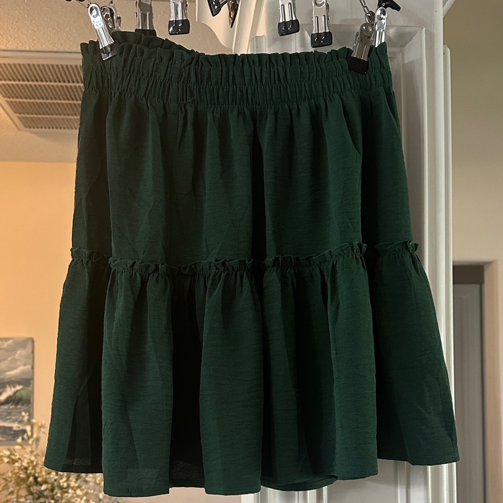 Dark Green Tiered Elastic Waist Skirt